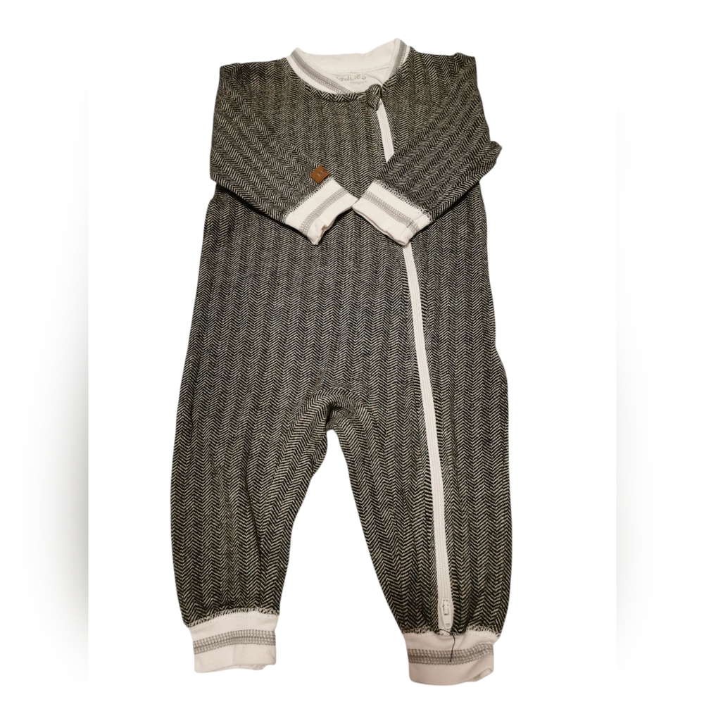Gray and White Herringbone Footies with V-Neck Detail